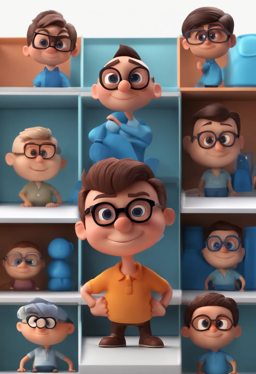 Cartoon character of a man with black glasses and a blue shirt, animation character, Caractere estilizado, animation style rendering, 3D estilizado, Arnold Maya render, 3 d render stylized, toon render keyshot, Personagem 3D, Personagem 3D, 3d rendering stylized, 3 d character render, personagem de desenho animado, Personagem de close up, Pose de personagem,  (Estilo Pixar) (master part:1.2) (Bokeh) (best quality) (pele detalhada) (textura detalhada) (8k) (argila) (Cinematic lighting) (foco nítido