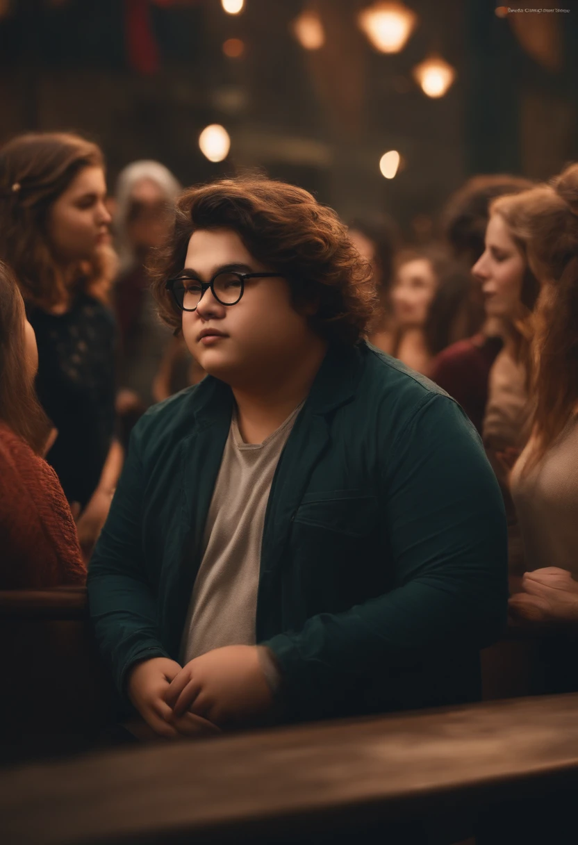 Chubby boy with glasses and abundant hair in a place with many pretty girls behind him but he is alone