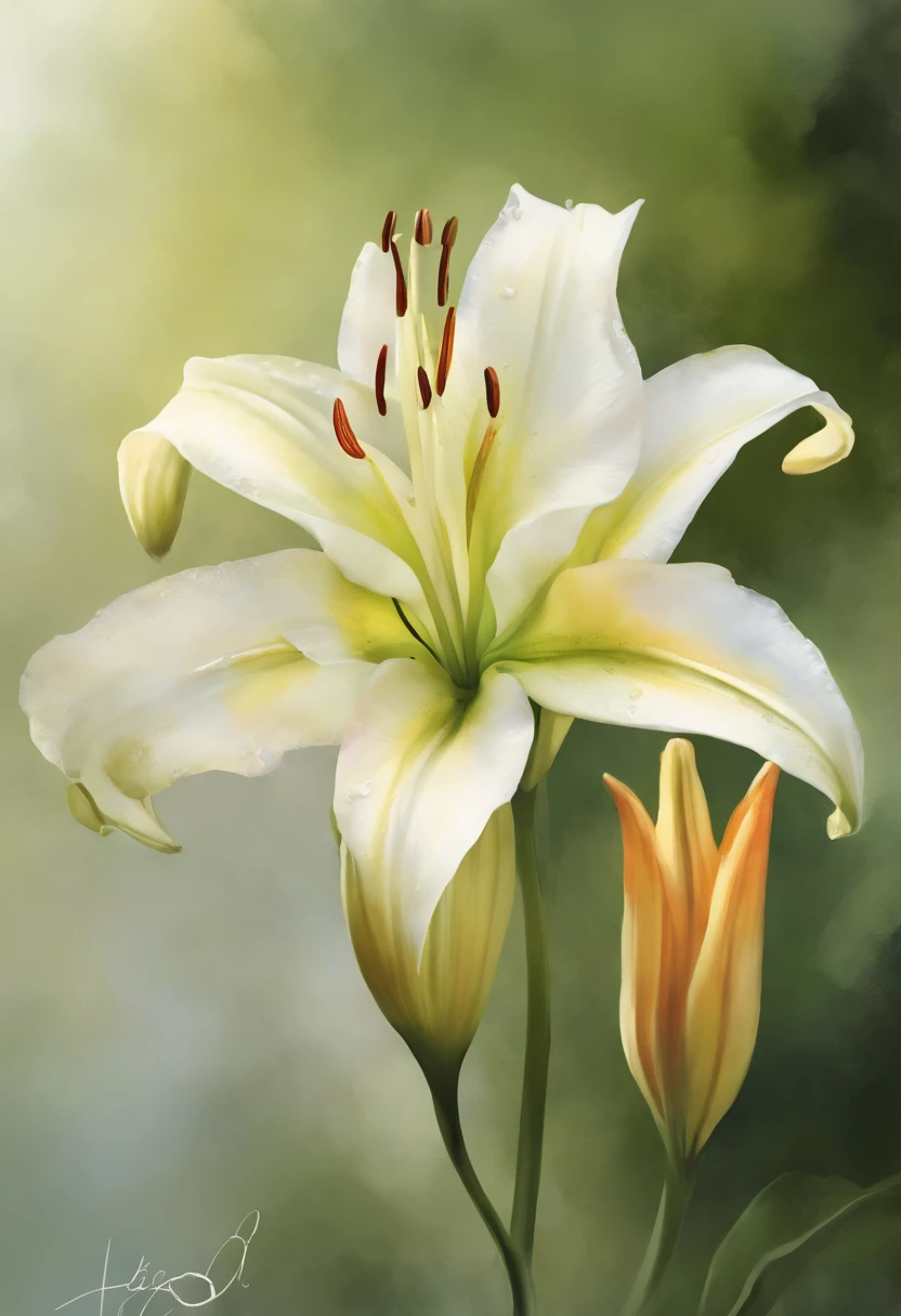 estilo wtrcolor, arte digital de (lilies), Arte Oficial, Soprado pelo vento, master part, Beautiful, ((Aquarela)), splatter de tinta, detalhes intrincados. grande detalhe, [Pingando:0.5], trending on ArtStation, Raquel Walker