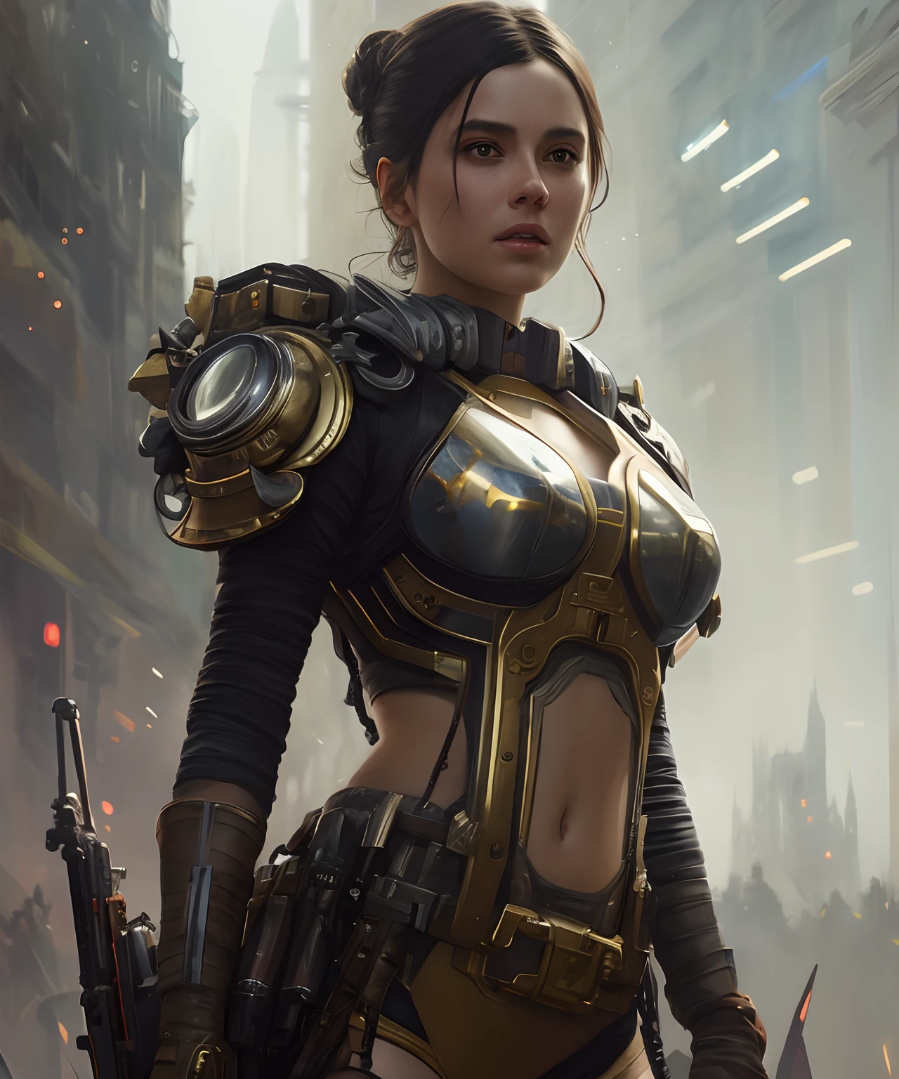 (extremely detailed photo 8k), full body shot photo of the most beautiful artwork in the world, beautiful woman medic, cleavage, (wearing elegant futurist colorful clothing), cinematic lighting, very detailed face and eyes, elaborate sci fi fantasy background, high-quality photo, photorealistic painting by Ed Blinkey, Atey Ghailan, Studio Ghibli, by Jeremy Mann, Greg Manchess, Antonio Moro, trending on ArtStation, trending on CGSociety, Intricate, High Detail, Sharp focus, dramatic, photorealistic painting art by midjourney and greg rutkowski