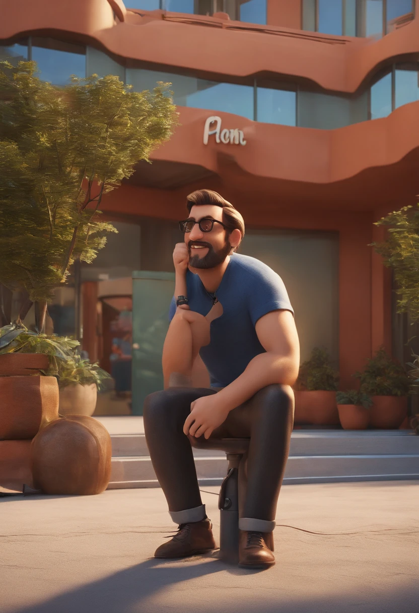 um homem, em breve, barba curta, olhos castanhos, com fones de ouvido, A music studio in the background, Imagem no estilo Pixar, Estilo de filme animado 3D, Disney, camiseta preta