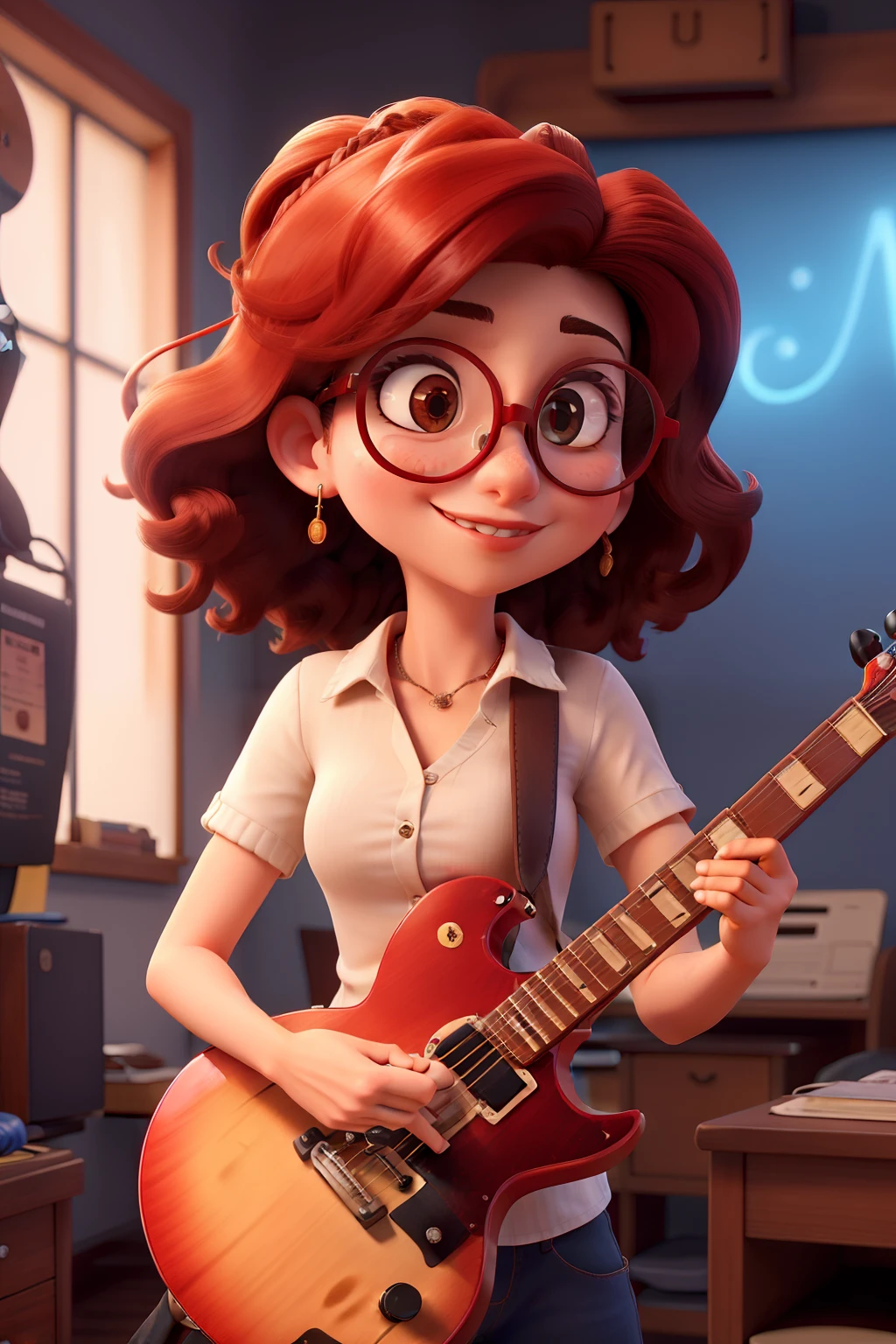 Mulher de cabelo longo, liso e castanho escuro, olhos castanho claros, round glasses, Holding a red electric guitar