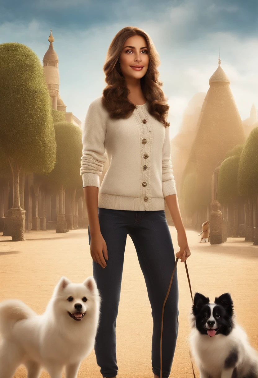 Create a poster inspired by Disney Pixar movies, Introducing a medium tall girl with brown hair, Full lips and big honey-colored eyes together with her all-white German Spitz dog, cachorro de pelo bem cuidado com dentes caninos afiados e um pouco gordinho e pontiagudos brincando. The poster is titled 'Bela in Dogland.« Digital Art Should Be Pixar-Style, reminiscent of an animated feature.