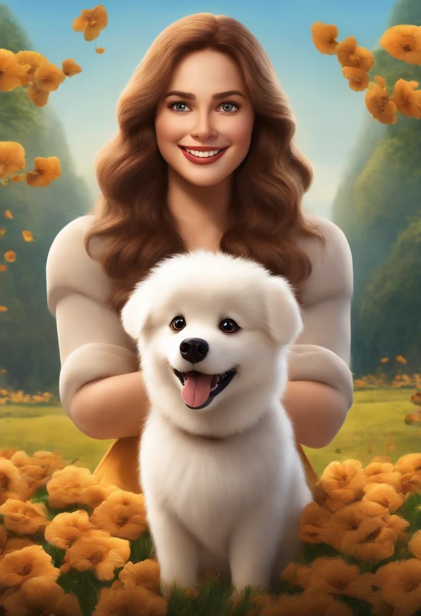 Create a poster inspired by Disney Pixar movies, Introducing a medium tall girl with brown hair, Full lips and big honey-colored eyes together with her all-white German Spitz dog, cachorro de pelo bem cuidado com dentes caninos afiados e um pouco gordinho e pontiagudos brincando. The poster is titled 'Bela in Dogland.« Digital Art Should Be Pixar-Style, reminiscent of an animated feature.