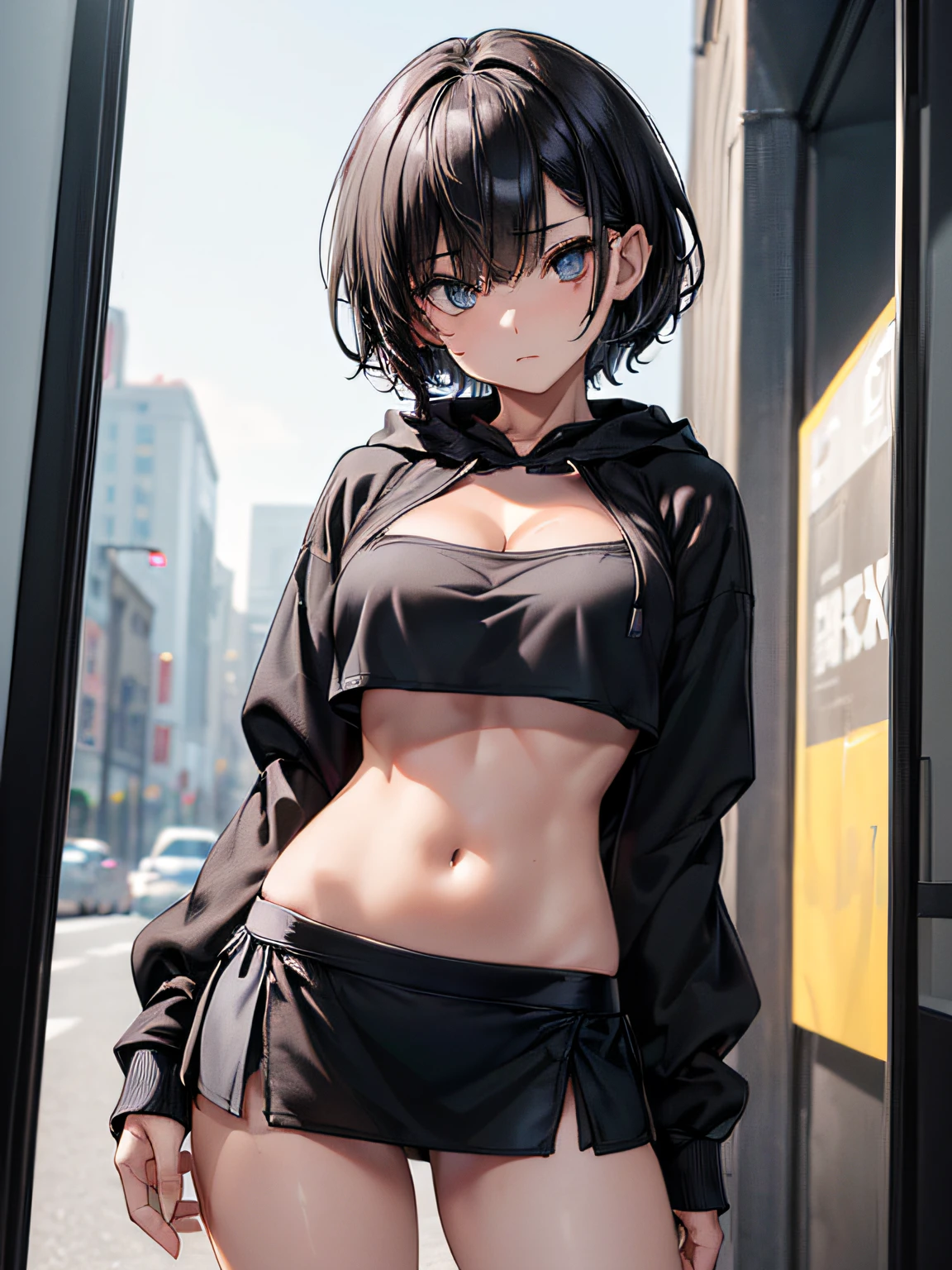 (((black cropped hoodie))), (((short hair))), (((Show off cleavage))), (((normal breasts))), (((Open front))), (((Sheer Micro Mini Skirt))), Detailed beautiful eyes, (((Sunny))), extremely detailed CG unified 8k wallpaper, very fine 8KCG wallpaper, (masterpiece, Best Quality), High resolution, Ultra-detailed, ultra-sharp, 1 girl, Naked, (((Sheer Micro Mini Skirt))), perfecteyes eyes