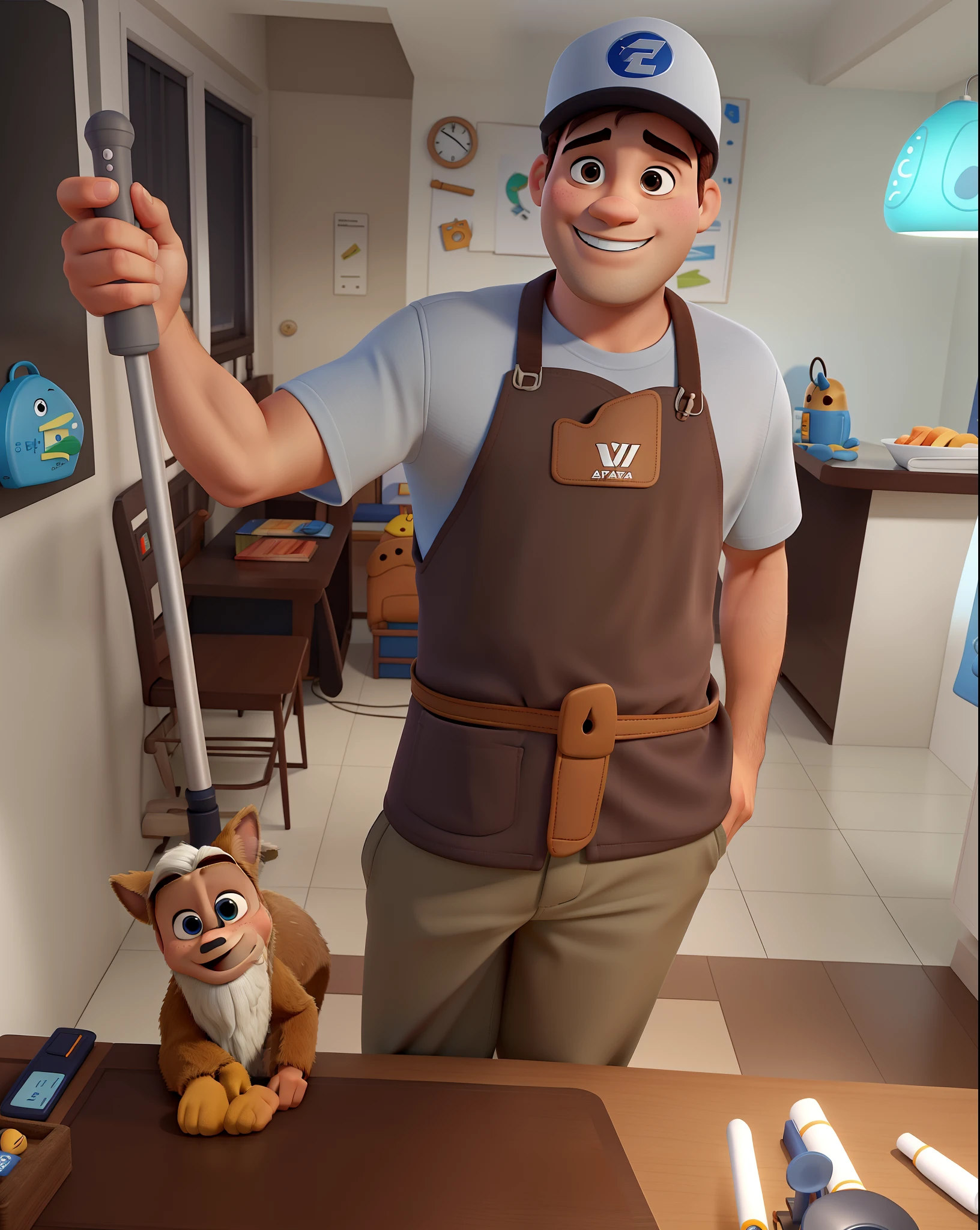 homem branco com avental segurando um espeto melhor qualidade, alta qualidade estilo Disney pixar |