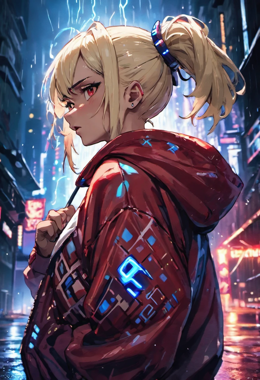 closeup photograph, Self-confident young cyberpunk with blonde and white hair in a bun, wear a hoodie with red and blue designs, en una calle empapada por la lluvia por la noche, fotorrealista, cinematic lighting
