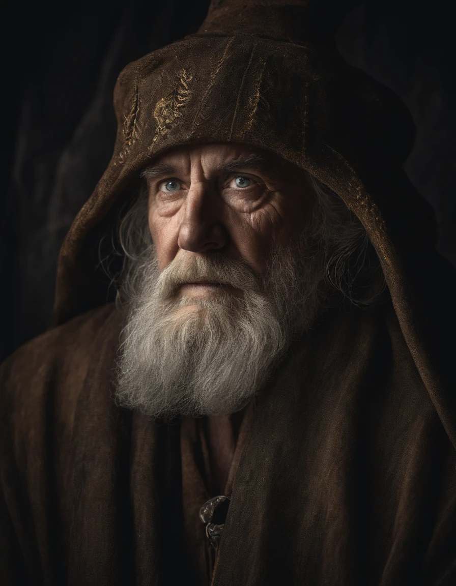 A portrait of a wizard, bearded, wrinkled, weathered, with piercing eyes, detailed face, high details, photography, dark studio, rim light, Nikon D850, 50mm, f/1.4