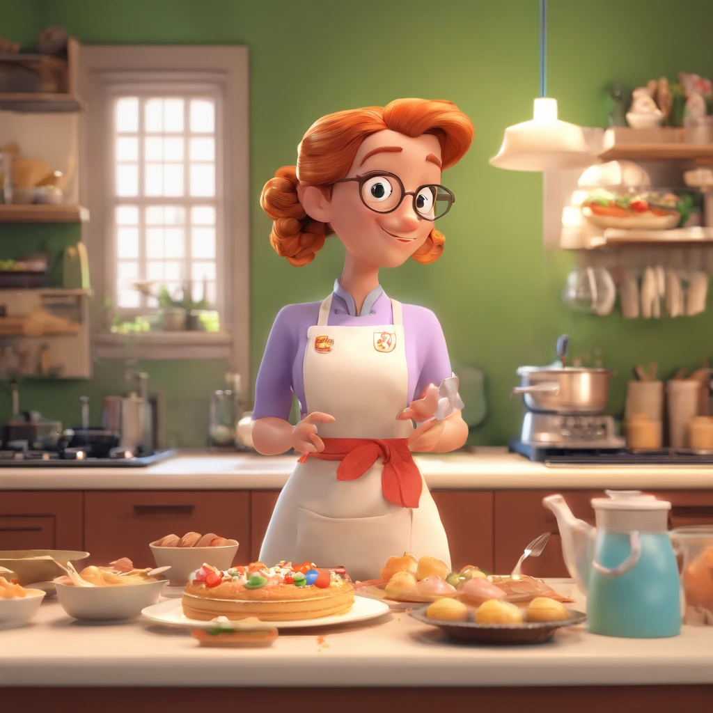 Crie uma cena de desenho animado  estilo 3d -Pixar, Onde uma mulher, de cabelos lisos castanhos com 35 anos de idade, She's cooking dressed as a pastry chef.
