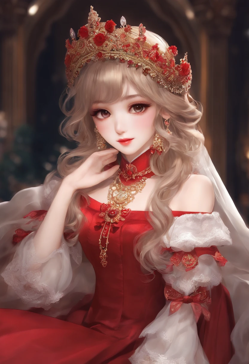 (master part),(best quality:1.0), (Ultra Highres:1.0), Detailed illustration, 8k, anime, 1girl, anime bonita, usando um vestido vermelho, coroa da flor, cara bonita, Rosto detalhado, Olhos bonitos, Olhos detalhados, olhos vermelhos escuros, glossy and red lips, Red lipstick, lindo cabelo elegante, Destaques no cabelo, estilo anime bangs, best quality, vibrante