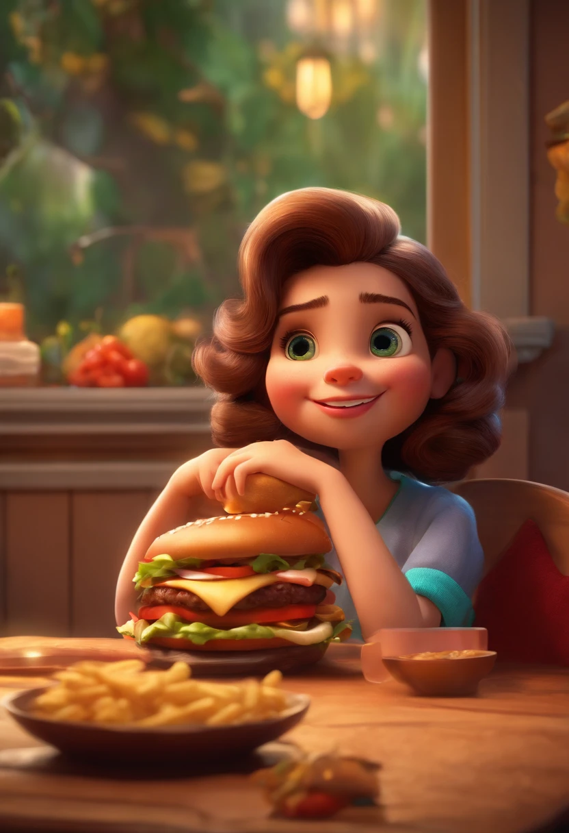 Make a Girl, She's hungry, como Disney Cartoon, She's eating hamburger, Pixar, ..3d, Disney