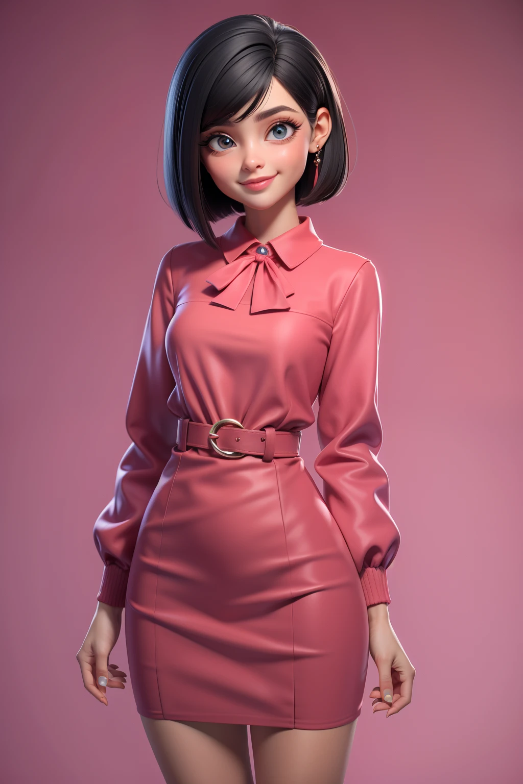 obra-prima, melhor qualidade, trabalho de rending 3d, estilo 3DMM, 3D, 1girl, solo, olhos grandes, cabelo castanho escuro, colar, negra, joias, medium size hair, cabelo long bob, olhando para o lado, realista, de corpo inteiro, fundo simples claro, olhando para longe, cabelo curto, separated-lips, olhos castanhos gotic, gargantilha, maquiagem, vestido rosa claro, sorrindo, lindos dentes