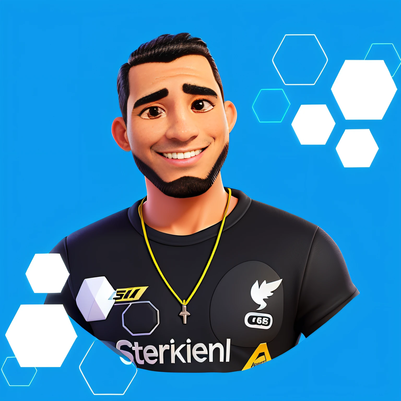 (estilo foto de perfil profissional)+ sharp colors + sorriso largo + tom de pele mais escuro + cabelo mais curto+ bigode + olhos castanho escuro