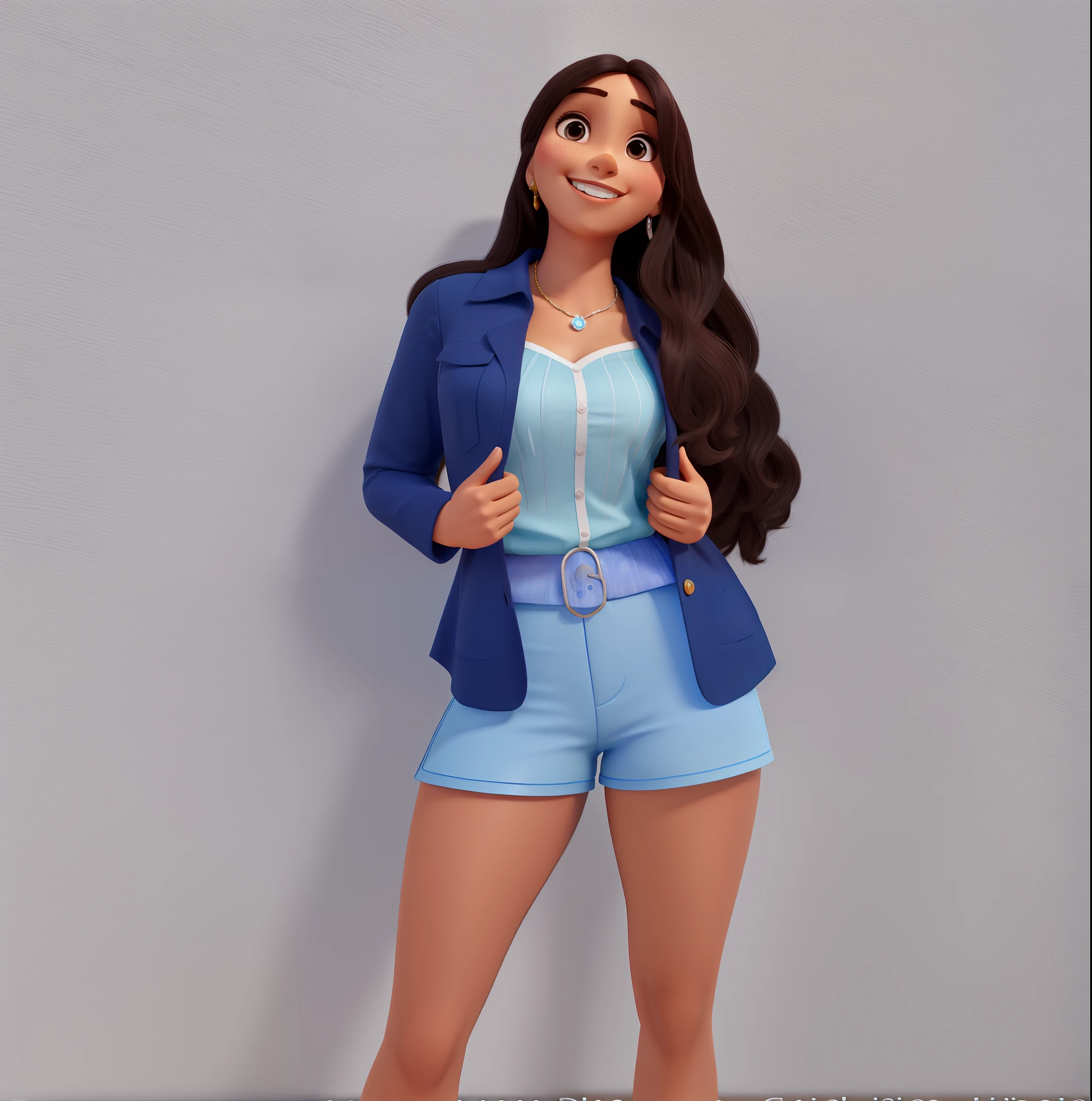 Mulher morena, sorridente, cabelo cumprido liso, With blue short sleeve blouse social writing Bavarian with background in office disney 3D best quality light