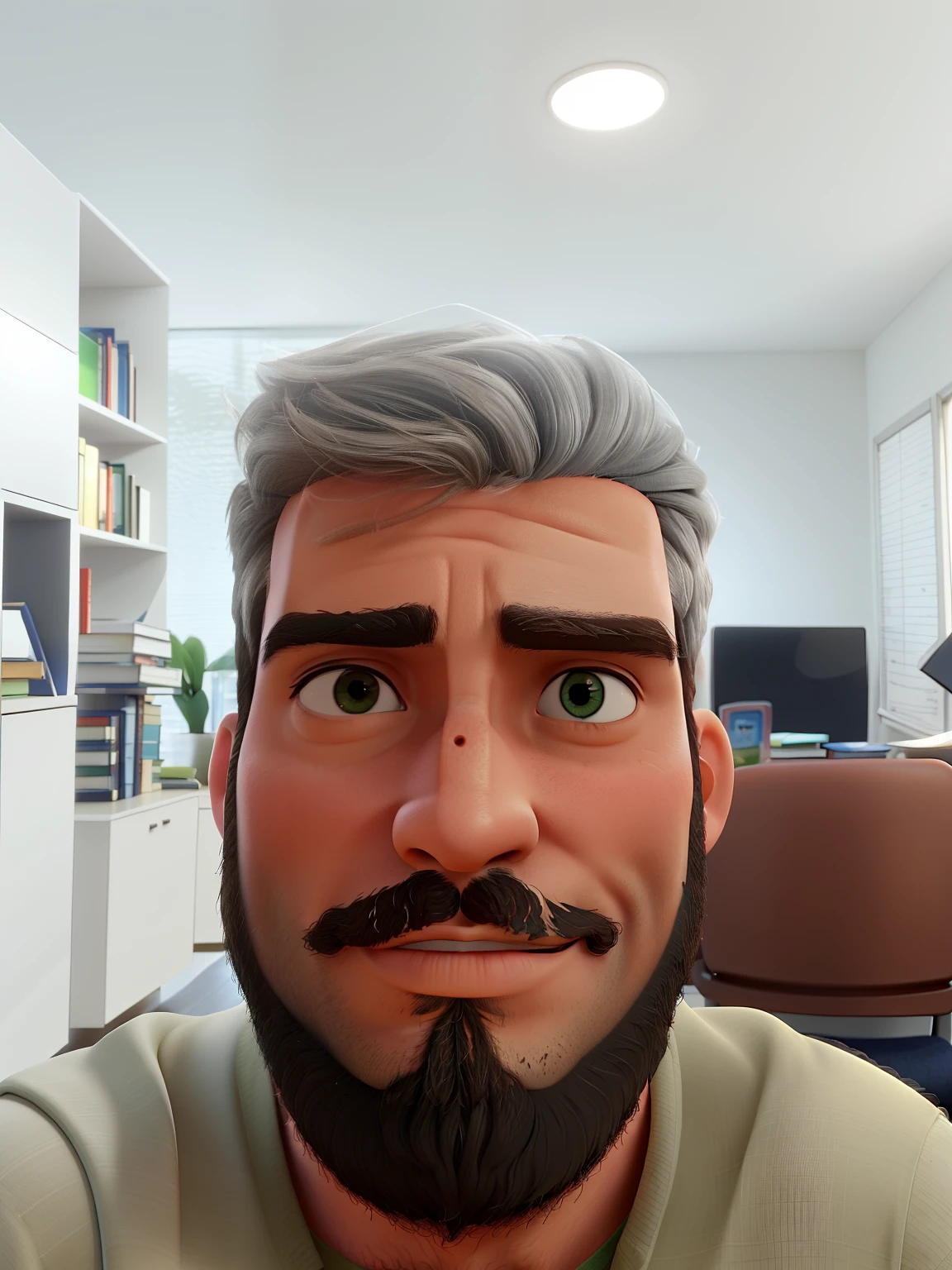 Um homem de 36 anos com barba grisalho sereno e calmo pensativo ao fundo uma livros de uma biblioteca