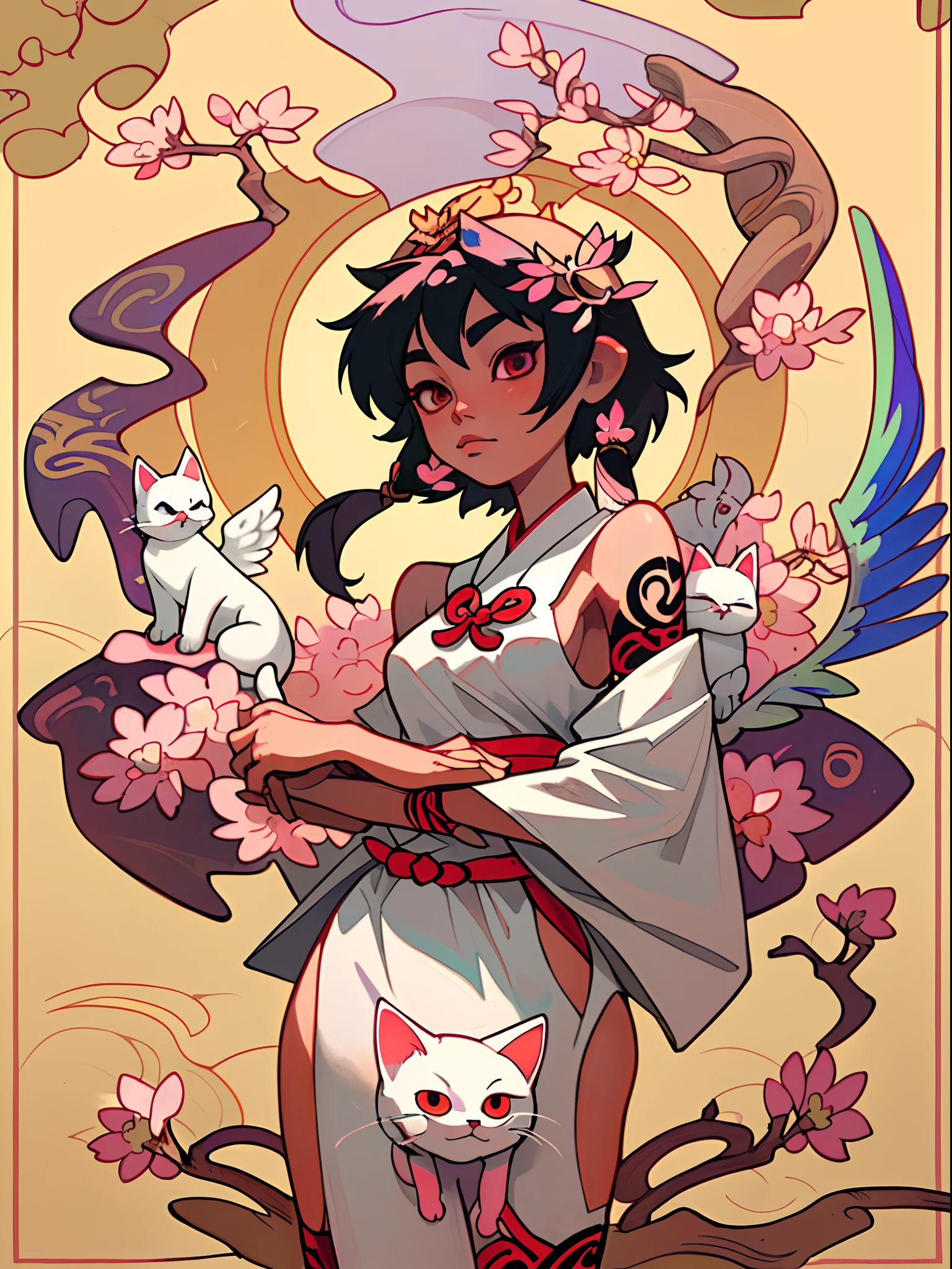 filipino goddess with wings, baybayin tattoos, cat beside her and wearing the traditional filipino clothing in a palace and sakura leaves surrounding her