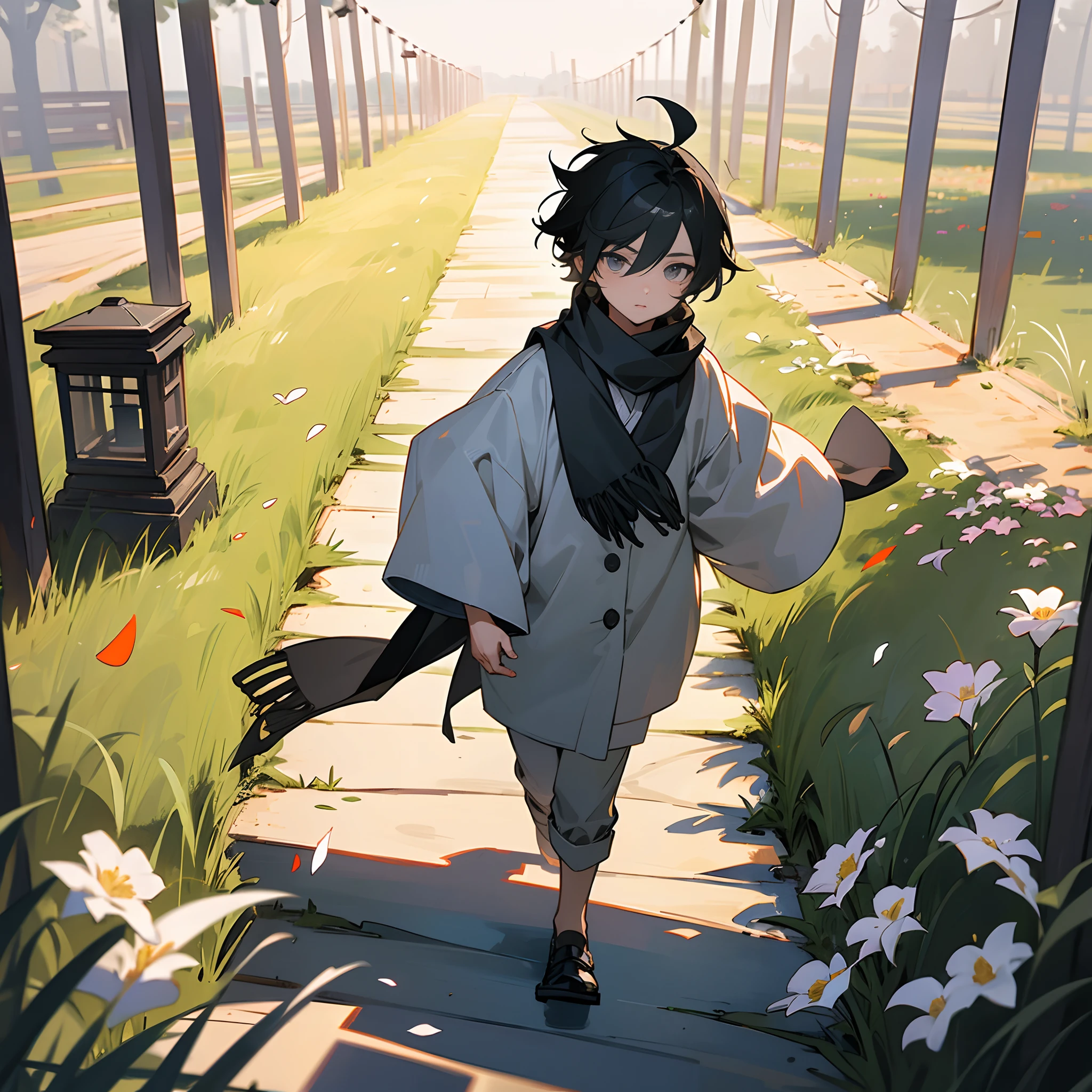 1male, child, messy short black hair, finely detailed grey eyes, loose casual clothing, scarf, walking down path, grassy fields, flowers, lanterns, best lighting and shadows