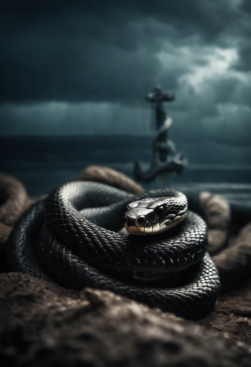 Snake entwined on an anchor with lightning piercing