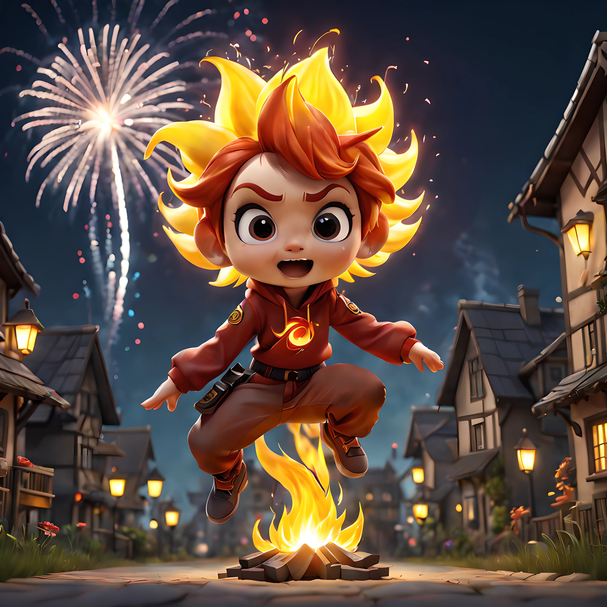 (Pixar style:1.5), (Pixar character:1.5), (chibi emote:1.5), (chibi character:1.5), (fantasy:1.5), (magical world:1.5), (spiritual world:1.5), (elemental character:1.5), (elemental town:1.5), (elemental future city:1.5), (night:1.5), (under fireworks:1.5), (fire element character and solar element character:1.5), (spread arms:1.3), (jumping:1.3),