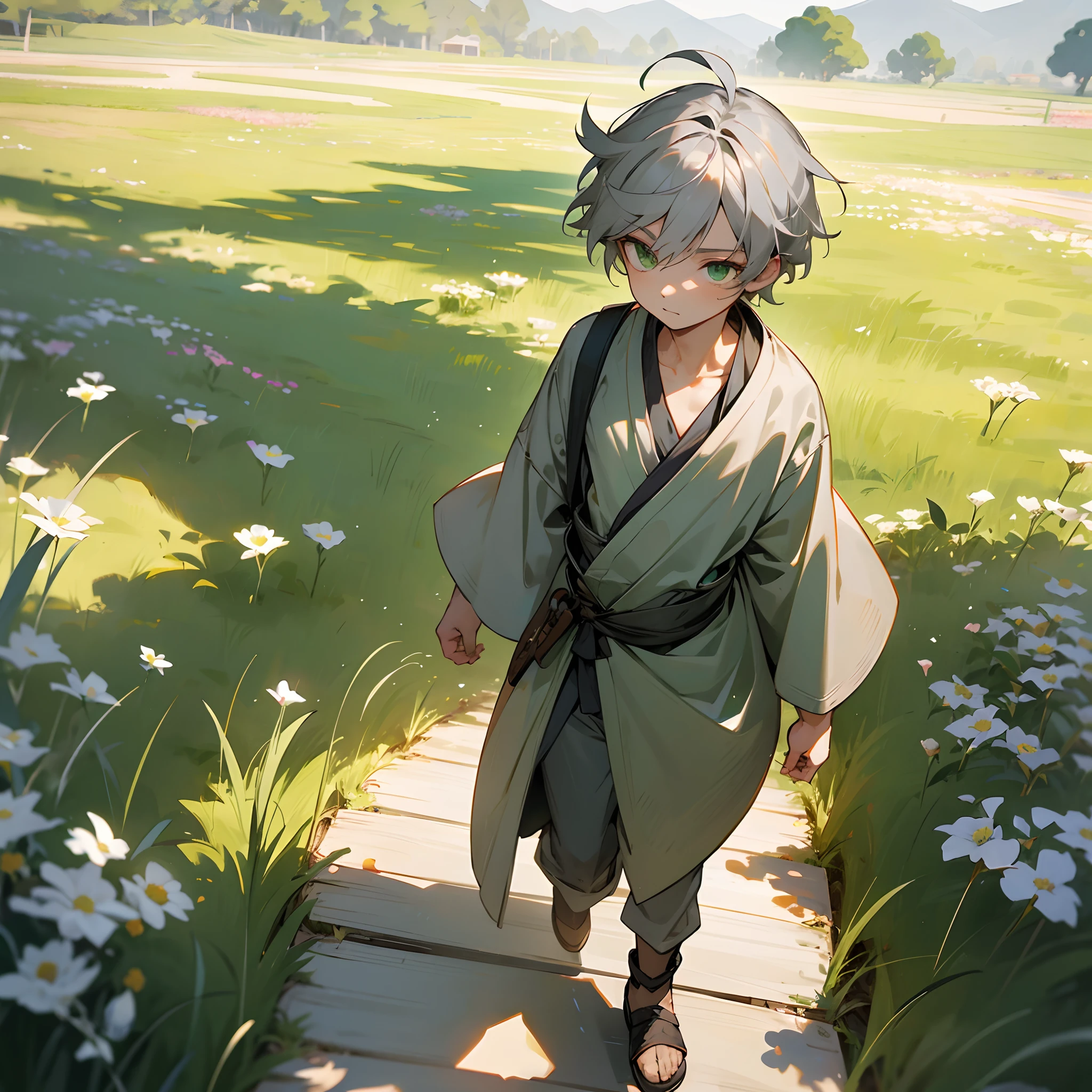 1male, child, messy medium grey hair, finely detailed green eyes, loose casual adventurer clothing, googles, walking down path, grassy fields, flowers, lanterns, best lighting and shadows