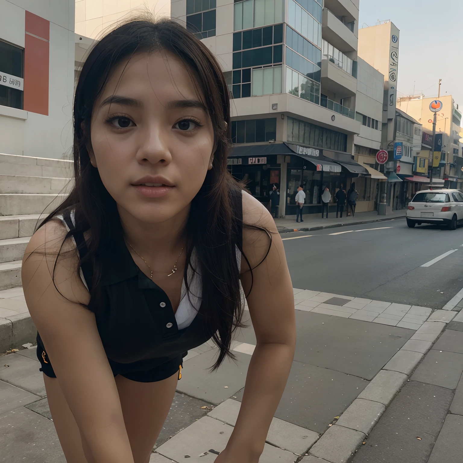 Full body. Beautiful 25 year old South Korean girl, cabello negro, Dressed in polo shirt and shorts running down the sidewalk of Seoul, textura de piel gran angular, ultra detallado, Detalles intricados, octanaje renderizado, iluminacion volumetrica, golden ratio, imagen en 3D, resolucion 64K. photographic style: Lente de 50 mm, apertura F.2.5. Sugerencias: No debe salir: Bortoso, feo, ruido, grano, mala anatomia, malas proporciones, mal arte, mal dibujado, cara mala dibujada, mutado, mutilate, morbid, miembros perdidos, miembros extras, miembros flotantes, miembros fusionados, fuera de foco, fuera de cuadro,  low res, carton, plastico