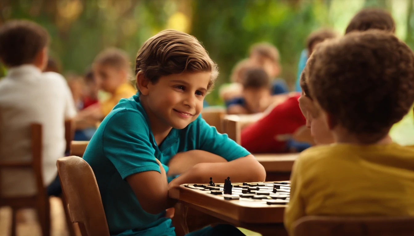 Um menino de 6 anos, cabelos castanho ondulado, na escola, Playing dominoes, estilo pixar.