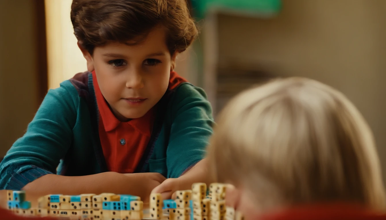 Um  de 6 anos, cabelos castanho ondulado, na escola, Playing dominoes, estilo pixar.