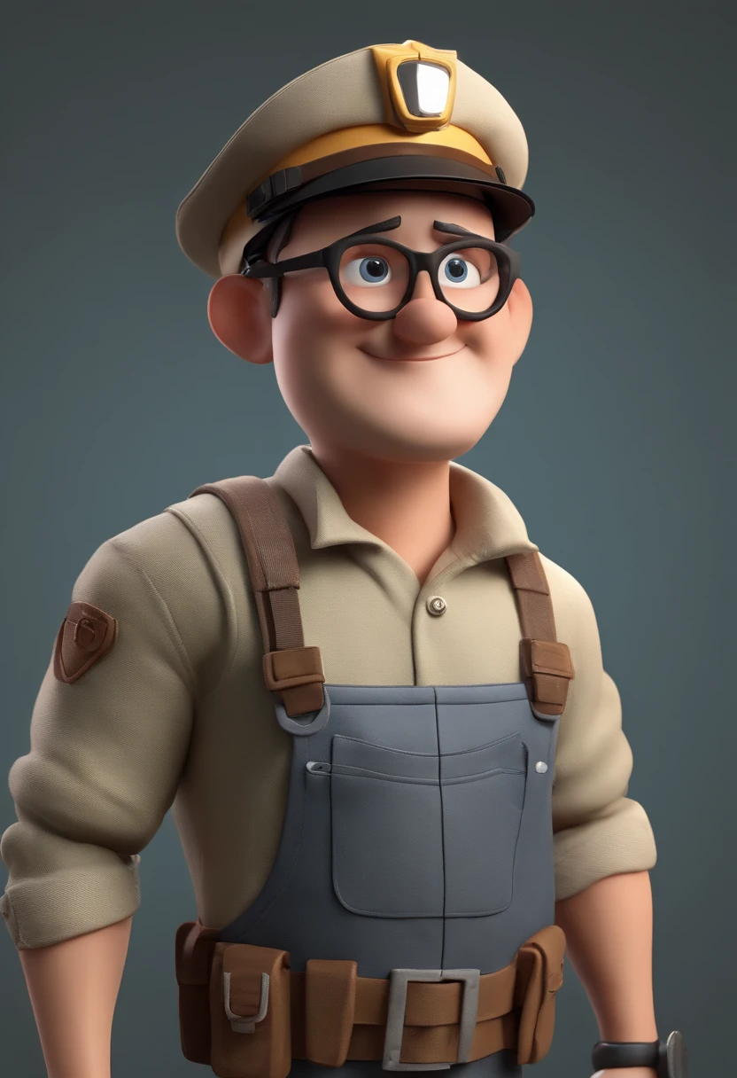 Cartoon character of a man with black glasses and a workmanship overalls, capacete branco, segurando uma prancheta, pencil in the ear, animation character, Caractere estilizado, animation style rendering, 3D estilizado, Arnold Maya render, 3 d render stylized, toon render keyshot, Personagem 3D, Personagem 3D, 3d rendering stylized, 3 d character render, personagem de desenho animado, Personagem de close up, Pose de personagem, (Estilo Pixar) (master part:1.2) (Bokeh) (best quality) (pele detalhada) (textura detalhada) (8k) (argila) (Cinematic lighting) (foco nítido