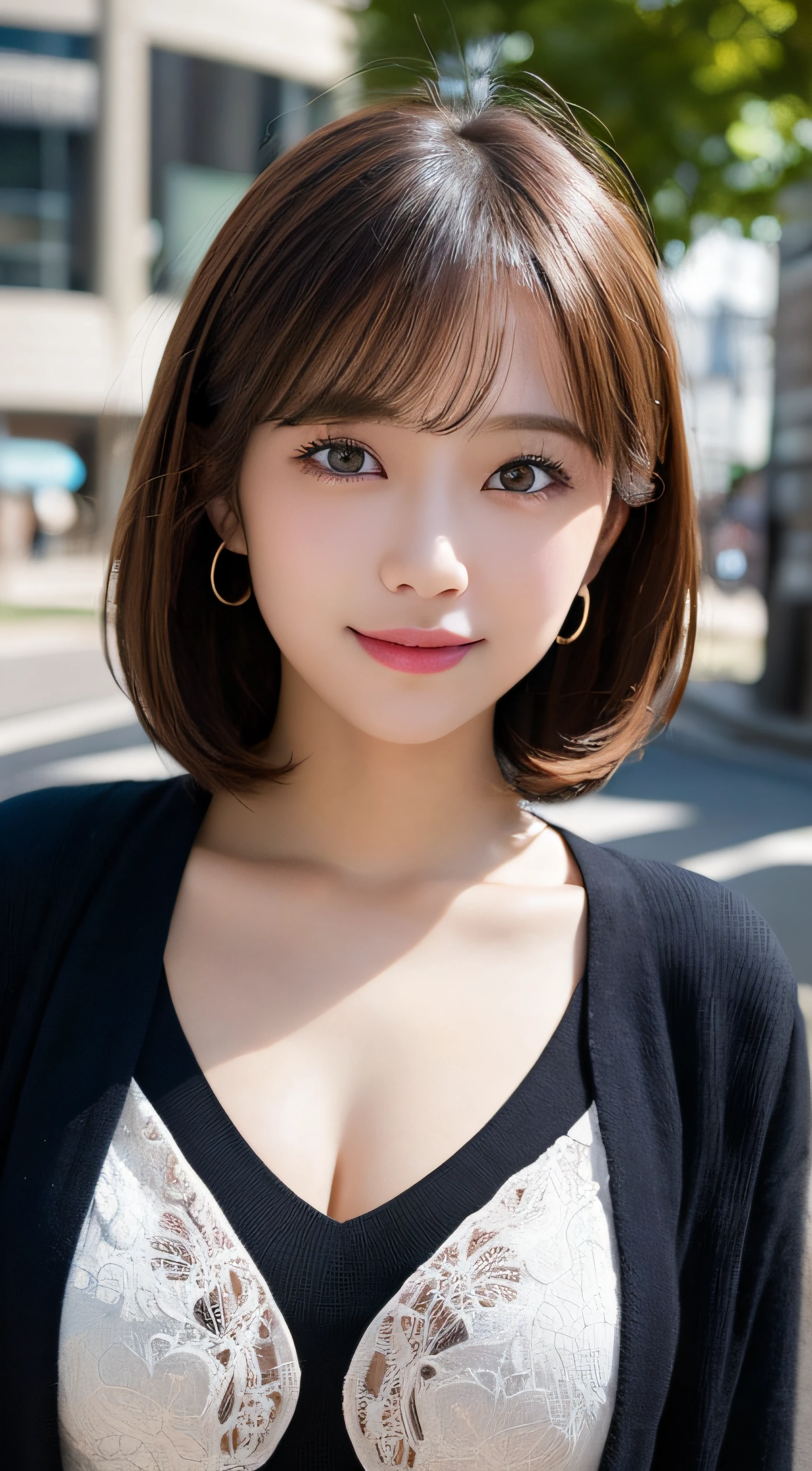 masutepiece, Best Quality, Illustration, Ultra-detailed, finely detail, hight resolution, 8K Wallpaper, Perfect dynamic composition, Beautiful detailed eyes, Women's Fashion Summer,Bob Hair,mid-chest, Natural Color Lip, Bold sexy poses,Smile,Harajuku、24-year-old girl、Cute、Sexy shot looking at camera