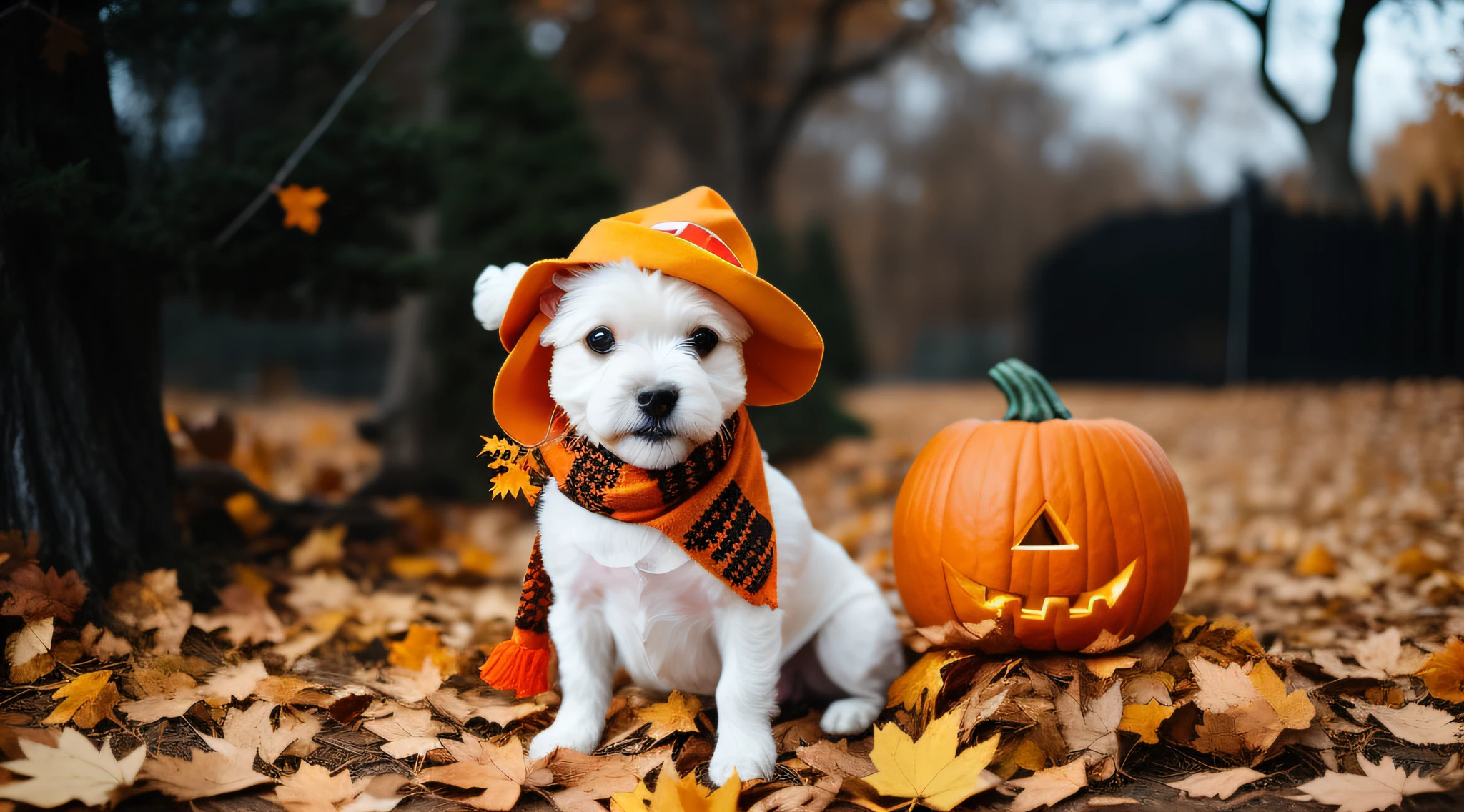 there is a small white dog wearing a halloween hat and a scarf, in a halloween style, cutest, costume, a handsome, pumpkin, 🍂 cute, covered in leaves, full costume, jack, covered in fallen leaves, miko, trick or treat, menacing!, in costume, dapper, aww, dressed as a scavenger, bella, super adorable, pumpkin patch
