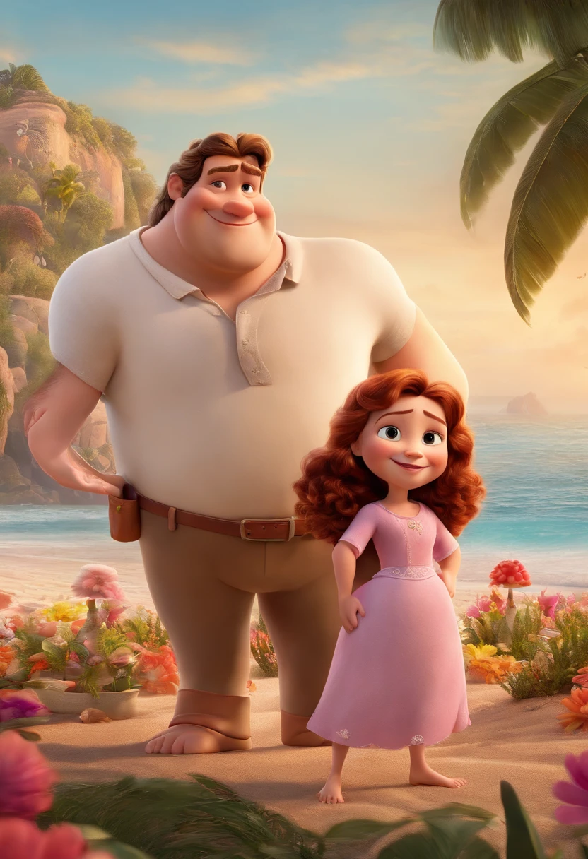 a Disney Pixar movie poster showing a white-skinned family. The father is the tallest overweight, Tem barba curta, um pouco grisalia, cabelos curtos e . The mother has brown eyes and hair, shoulder-length and is slightly overweight. A menina tem 21 anos e cabelos castanhos, roupa rosa e rabos de cavalo. The background is a beach garden. 3D-rendering