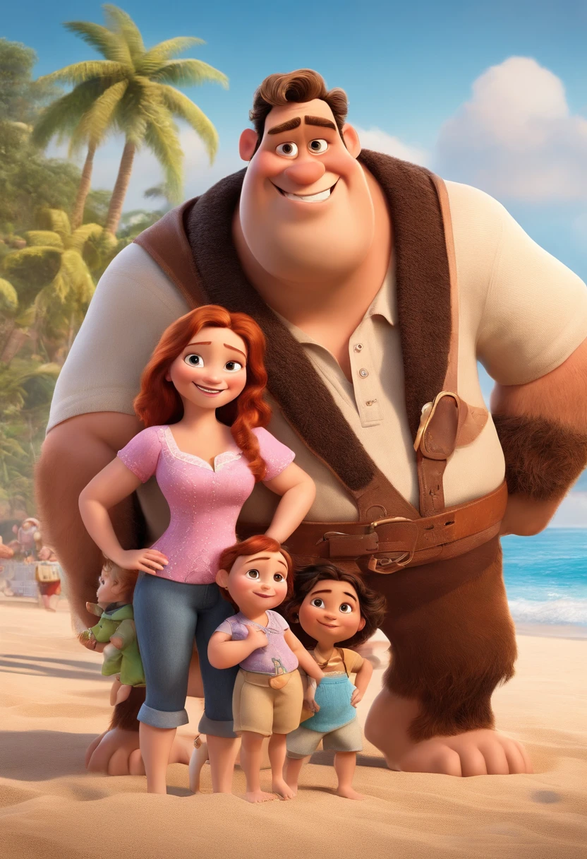 a Disney Pixar movie poster showing a white-skinned family. The father is the tallest overweight, Tem barba curta, um pouco grisalia, cabelos curtos e . The mother has brown eyes and hair, shoulder-length and is slightly overweight. A tem 21 anos e cabelos castanhos, roupa rosa e rabos de cavalo. The background is a beach garden. 3D-rendering