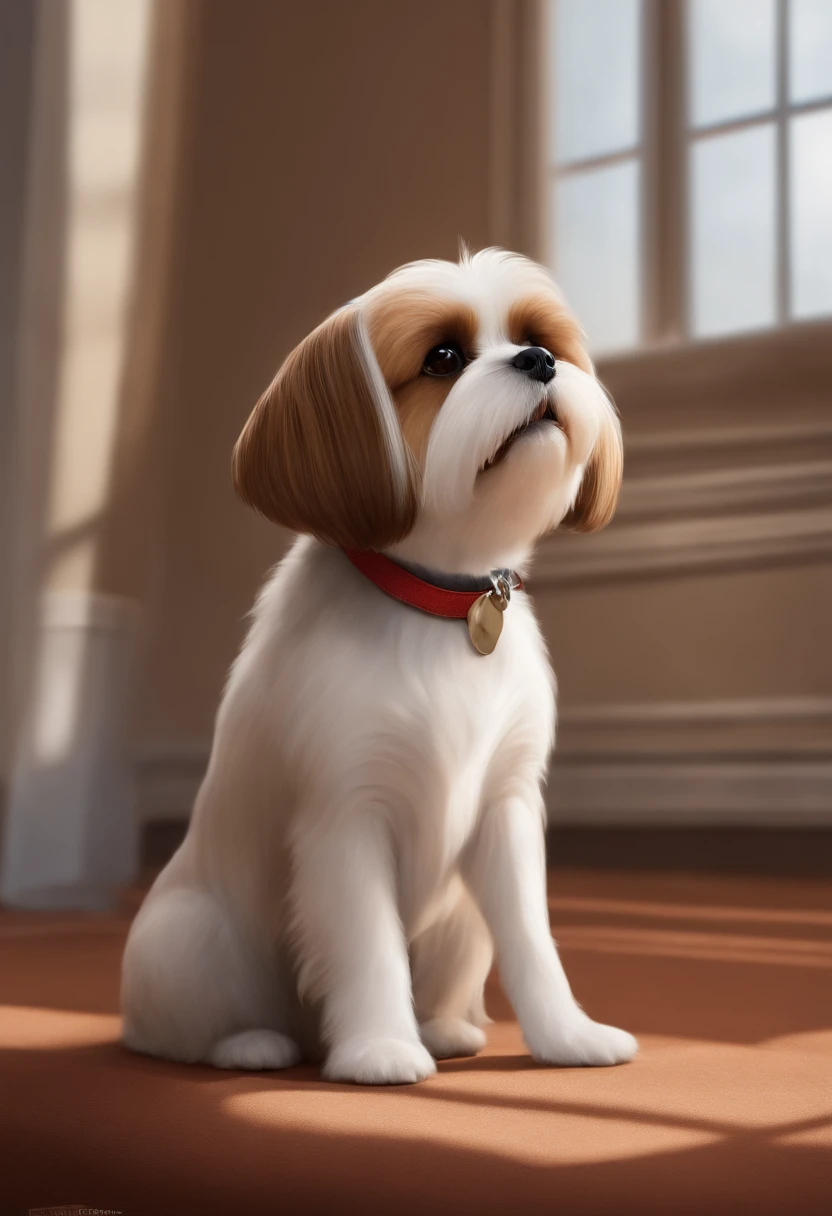Create a poster inspired by Disney Pixar movies, Apresentando um homem de.medium height beard with brown hair, Thin lips and big honey colored eyes together with her female white and black Shitzu dog, cachorro Shitzu bege com focinho preto, brincando com bolinha, another male tricolor Shitzu standing still with his tongue sticking out, another tricolor female Shitzu lying down and another tricolor Shitzu ,mais pro bege e branco com carinha de brava. The poster is titled 'Briccio and his children« Digital art should be in the style of Pixar, reminiscent of an animated feature.