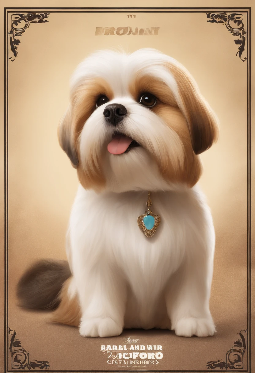 Create a poster inspired by Disney Pixar movies, Apresentando um homem de.medium height beard with brown hair, Thin lips and big honey colored eyes together with her female white and black Shitzu dog, cachorro Shitzu bege com focinho preto, brincando com bolinha, another male tricolor Shitzu standing still with his tongue sticking out, another tricolor female Shitzu lying down and another tricolor Shitzu ,mais pro bege e branco com carinha de brava. The poster is titled 'Briccio and his children« Digital art should be in the style of Pixar, reminiscent of an animated feature.
