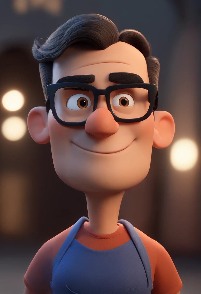 Cartoon character of a man wearing black glasses and a blue shirt, um personagem animado, Caractere estilizado, animation style rendering, 3D estilizado, Arnold Maya render, 3 d render stylized, toon render keyshot, Personagem 3D, Personagem 3D, 3d rendering stylized, 3 d character render, personagem de desenho animado, Personagem de close up, Pose de personagem, (Estilo Pixar) (master part:1.2) (Bokeh) (best quality) (pele detalhada) (textura detalhada) (8k) (argila) (Cinematic lighting) (foco nítido，Senta e vaza a parte superior do corpo