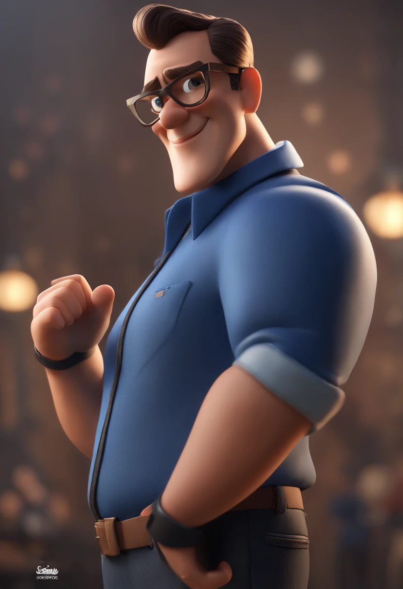 Cartoon character of a man with black glasses and a blue shirt, animation character, Caractere estilizado, animation style rendering, 3D estilizado, Arnold Maya render, 3 d render stylized, toon render keyshot, Personagem 3D, Personagem 3D, 3d rendering stylized, 3 d character render, personagem de desenho animado, Personagem de close up, Pose de personagem, (Estilo Pixar) (master part:1.2) (Bokeh) (best quality) (pele detalhada) (textura detalhada) (8k) (argila) (Cinematic lighting) (foco nítido