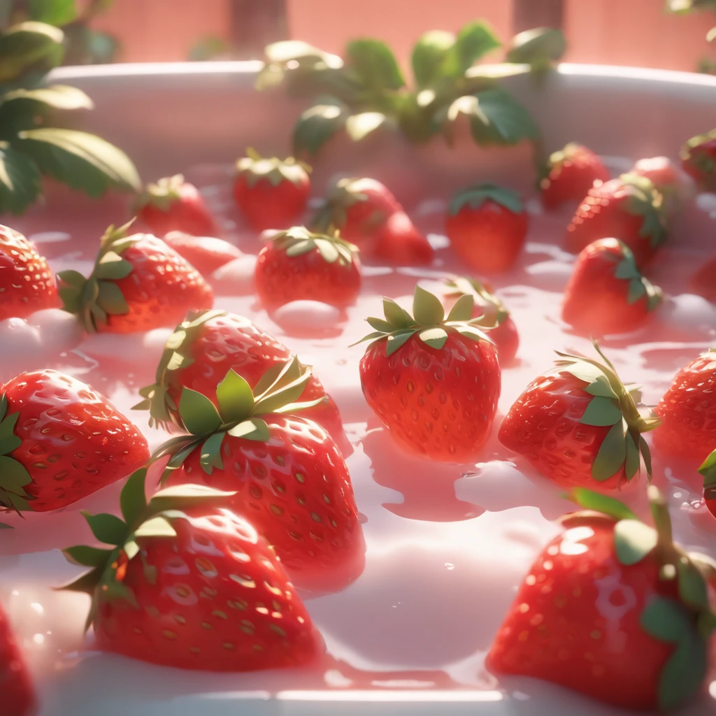 White bathtub with 5 large strawberries, Minimal background in pale pink color, Pixar, cinematic lighting, Nikon, UHD, high details, 4K