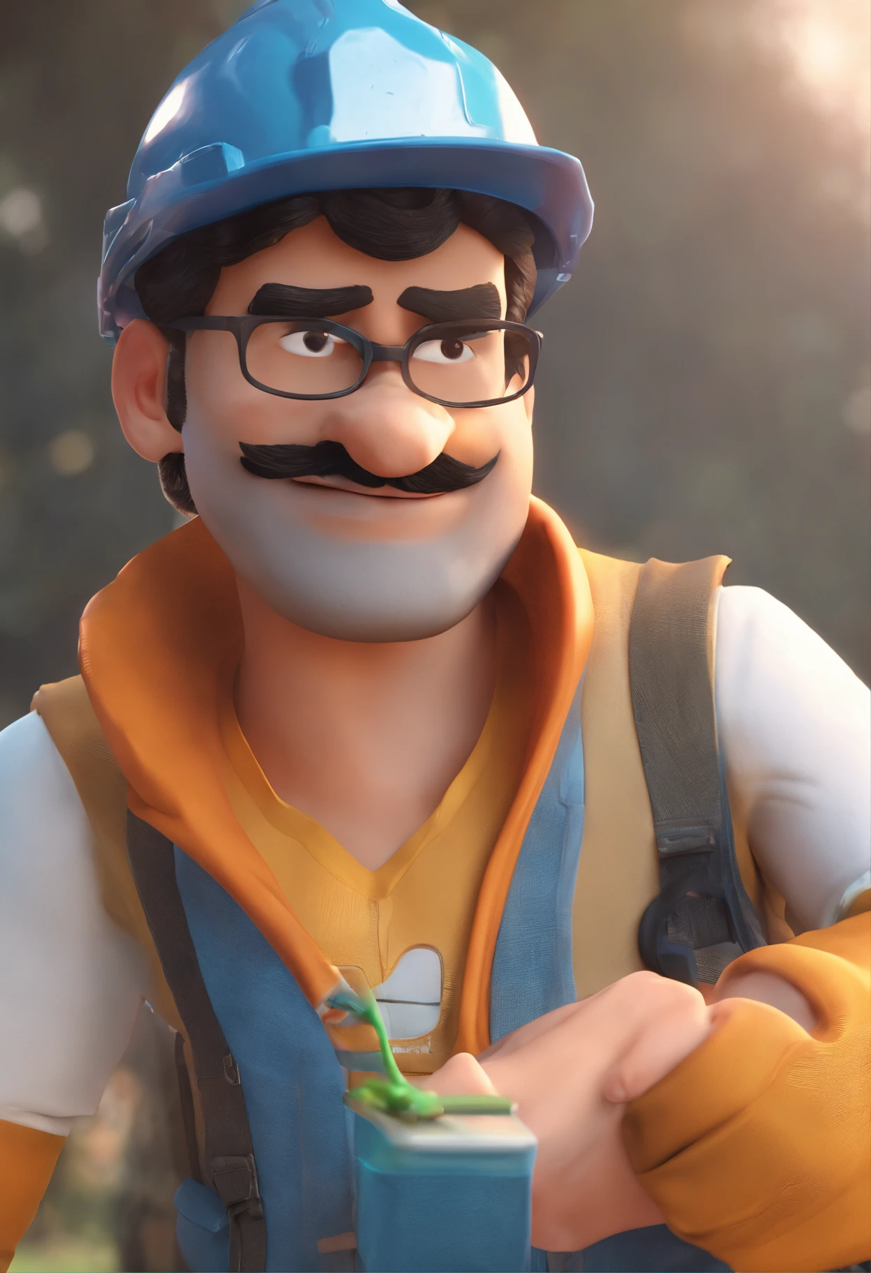 Pixarstyle: A waist-high portrait of a serious man, capacete de obra, segurando uma ferramenta, natureza, textura natural da pele, texturas 4k, hdr, intrincado, altamente detalhado, foco nítido, cinematic visual, hiperdetalhado