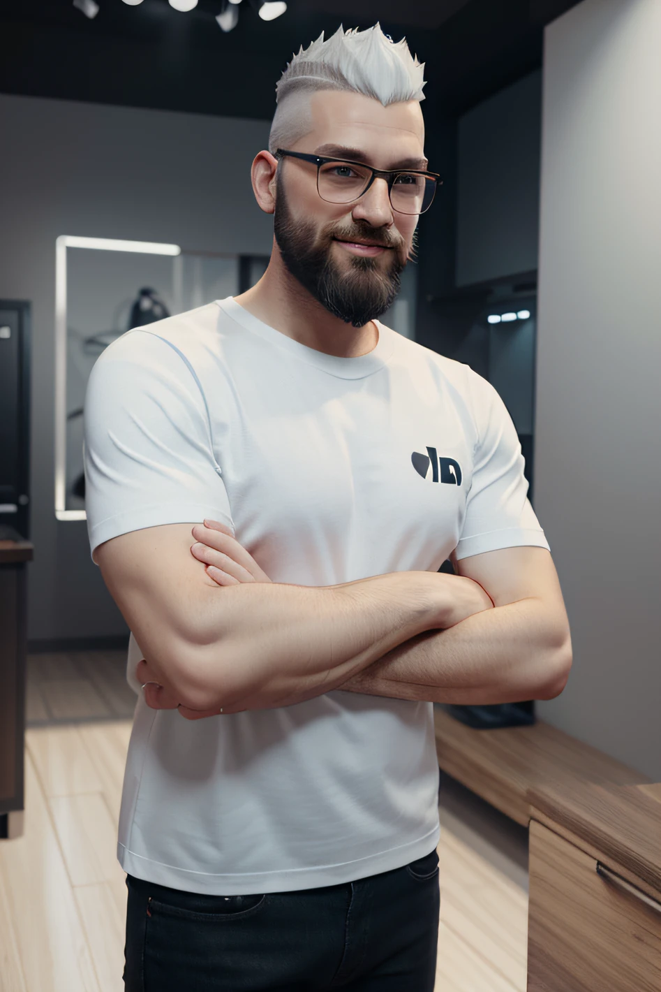 Realistic White Man 38 Years Old Man Skin Colored White Beard Goee Black Short Mohawk Hair Black Blue T-Shirt Animation Style Rendering Stylized 3D Full Body Transparent Prescription Glasses Round Man Smile Disney Style