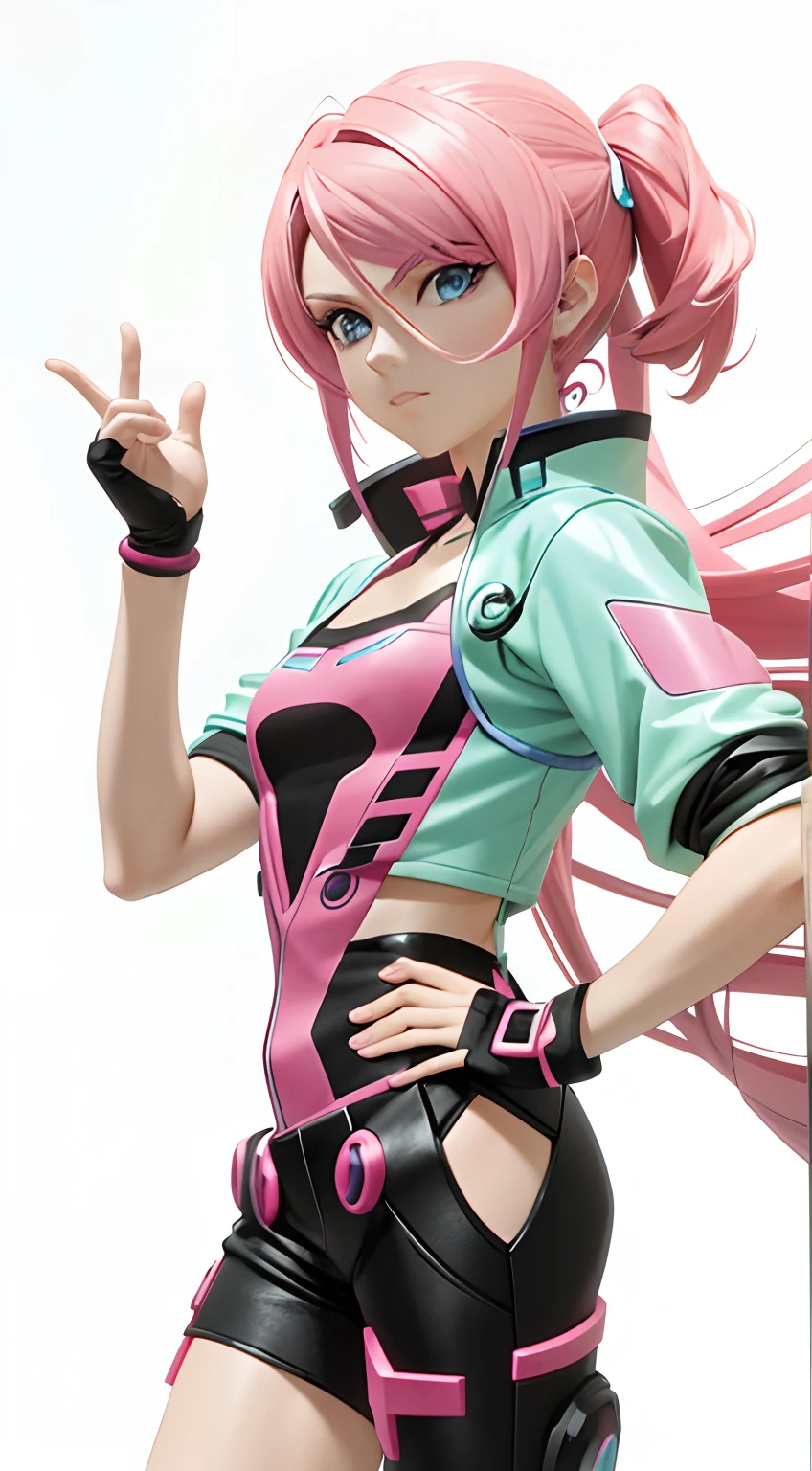 Mira clay (Bakugan human: 1.8) with pink long hair blue eyes in a black with pink clothing, Anime, Anime art germ, Anime styled digital art, realistic anime, 3d anime, Extremely detailed.