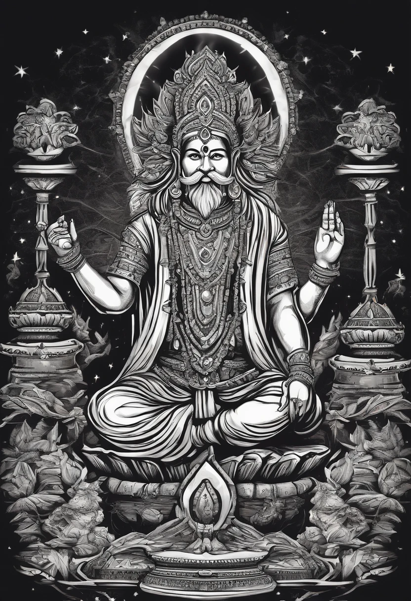 /imagine prompt: Hindu mythical dungeon master illustration style for a sticker with a black background, in bold outline style, jagged edges, trashcore, light shading --v 5.2