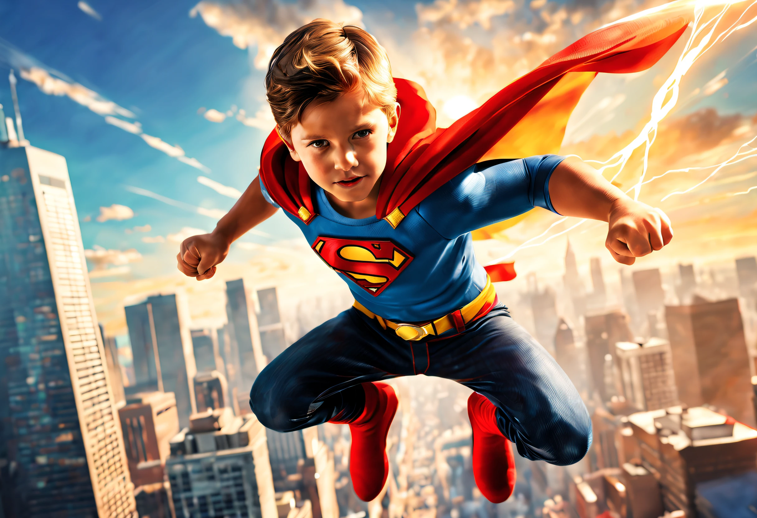 Create a scene featuring a young Superman boy wearing glasses, soaring through the sky with confidence and determination. Capture the exhilaration of flight, with billowing clouds below and a bright blue sky above. Ensure meticulous attention to detail, from the iconic costume to the flowing cape, and emphasize the sense of empowerment and adventure.