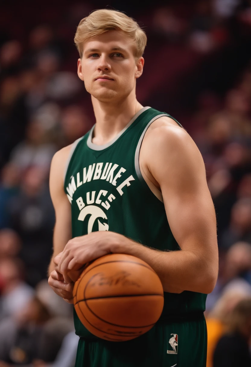 A 25-year-old blond white man with green eyes stands in Milwaukee bucks jersey holding a basketball