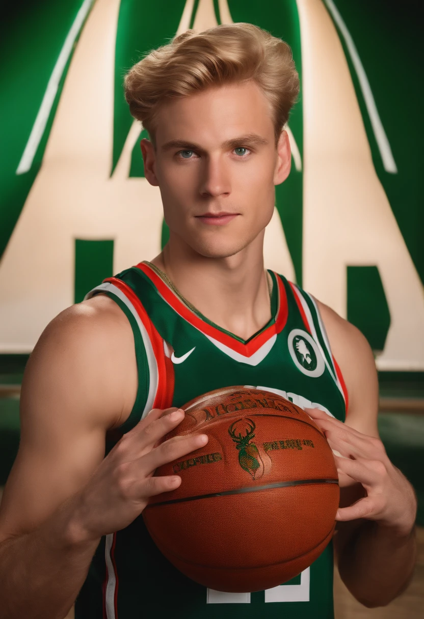A 25-year-old blond white man with green eyes stands in Milwaukee bucks jersey holding a basketball