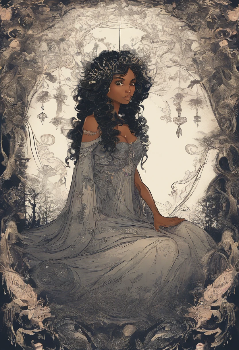 crie uma personagem mulher, negra, cabelos crespos e bem curtos, sorrindo trabalhando em um computador
