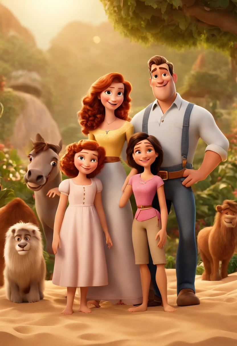 a Disney Pixar movie poster showing a white-skinned family. The father is the tallest a little overweight, Tem barba curta, um pouco grisalia, cabelos curtos e . The mother has brown eyes and hair, shoulder-length and is slightly overweight. A menina tem 21 anos e cabelos castanhos, roupa rosa e rabos de cavalo um pouco acima donpeso. The background is a beach garden. 3D-rendering