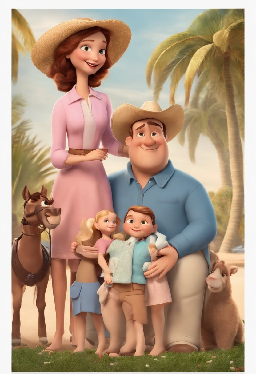 a Disney Pixar movie poster showing a white-skinned family. The father is the tallest a little overweight, Tem barba curta, um pouco grisalia, cabelos curtos e . The mother has brown eyes and hair, shoulder-length and is slightly overweight. A menina tem 21 anos e cabelos castanhos, roupa rosa e rabos de cavalo um pouco acima donpeso. The background is a beach garden. 3D-rendering