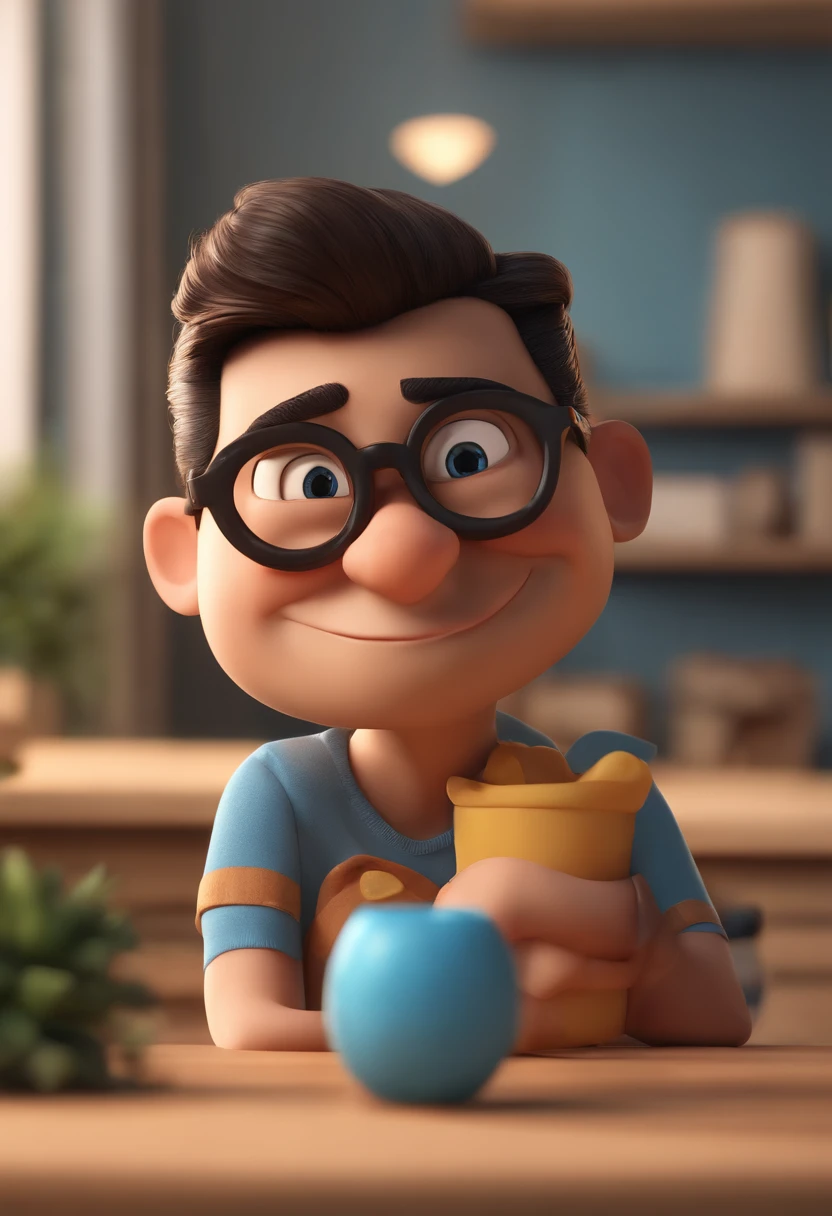 Cartoon character of a man wearing black glasses and a blue shirt, um personagem animado, Caractere estilizado, animation style rendering, 3D estilizado, Arnold Maya render, 3 d render stylized, toon render keyshot, Personagem 3D, Personagem 3D, 3d rendering stylized, 3 d character render, personagem de desenho animado, Personagem de close up, Pose de personagem, (Estilo Pixar) (master part:1.2) (Bokeh) (best quality) (pele detalhada) (textura detalhada) (8k) (argila) (Cinematic lighting) (foco nítido,Senta e vaza a parte superior do corpo