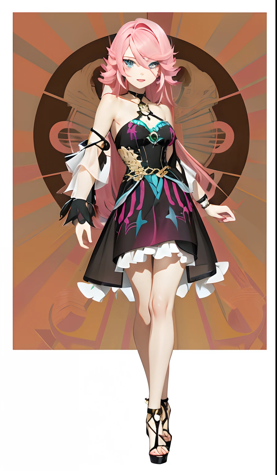 Mira Fermin (Bakugan human: 1.8) with pink long hair blue eyes in a black with pink cotton dress, Anime, Anime art germ, Anime styled digital art, realistic anime, 3d anime, Extremely detailed.