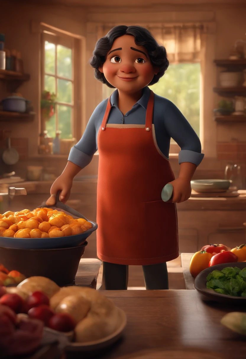 desenhe um persomagem pixar 3d , celia gamrra, morena baixinha , chubby worn pants jenas and black brusa, With an apron and a plate in his hand